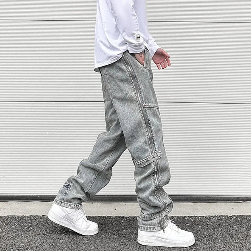 side long zipper open denim jeans mens elastic waist straight biker trousers jeans fashion streetwear hip hop jean pants joggers casual joggers