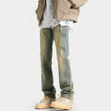 high street slim straight trousers tide vintage washed old colour stars jeans street mens denim trousers 2024 male pants stacked flare jeans