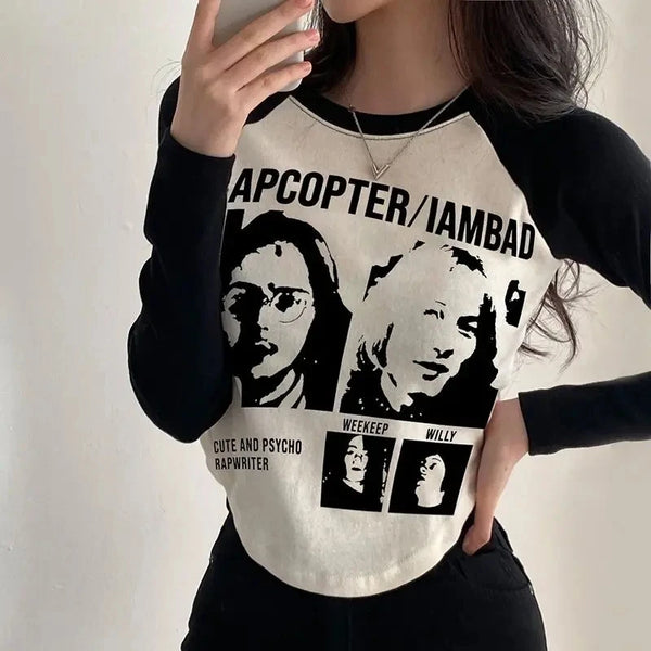 Harajuku Vintage print – Y2K Clothes Long Sleeve T Shirt Autumn Woman Black White Gra