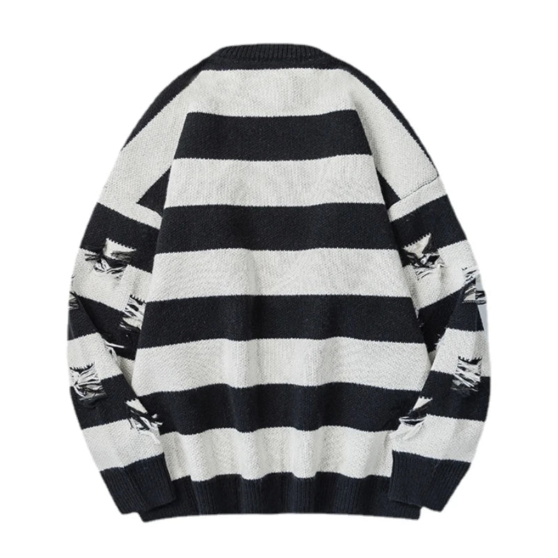 hip hop destroyed ripped holes knitted sweater mens casual striped pullover sweater unisex harajuku streetwear new autumn jumper - graphic printed hoodie for men and women, 2025 streetwear drop, gothic aesthetic hoodie for winter