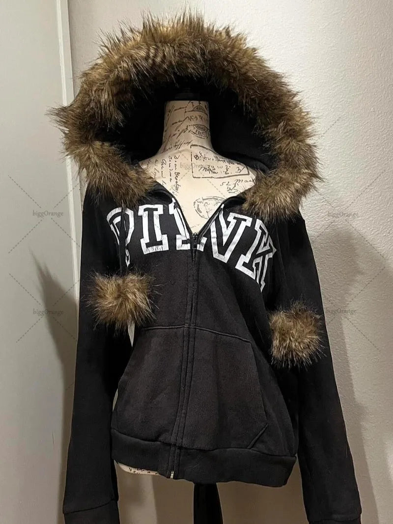 Harajuku Y2K Streetwear Jacket High Street Retro Fur Collar Zipper Hoo