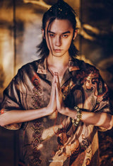 Dunhuang Feitian new Chinese style national trend printed casual short-sleeved shirt 2024 young men and women trendy retro tops