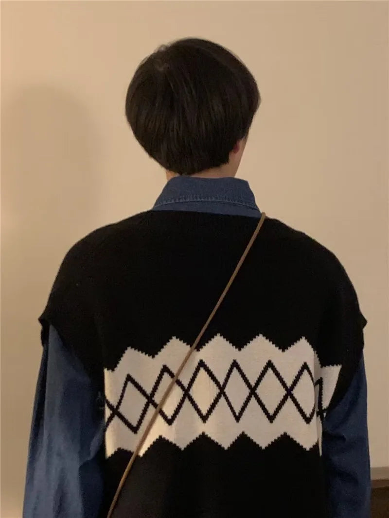 autumn japanese 3 piece set men women college knitted vest jogging pant long sleeve shirts vintage wide leg baggy casual suits unique default style 4940