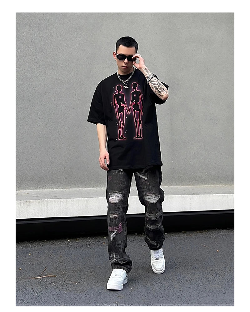 harajuku irregular scratched ripped holes denim jeans men zipper jeans hip hop streetwear new casual straight joggers jean pants unique joggers style 3955