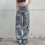 streetwear straight pants ladies ripped jeans mid waist loose wide leg pants ladies jeans y2k summer high street cargo pants unique cargo style 2739