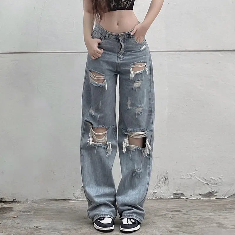streetwear straight pants ladies ripped jeans mid waist loose wide leg pants ladies jeans y2k summer high street cargo pants unique cargo style 2739