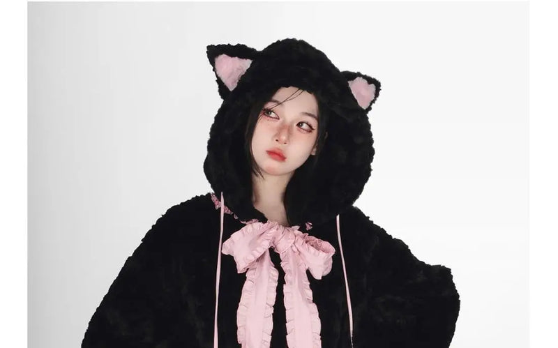 Sadcore Shirt – Harajuku Little Wildcat Hoodies Women Bodysuit Black Tie Bow – Streetwear Fashion for Men & Women