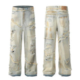 mens fashion ripped jeans blue straight baggy jeans trousers luxury loose casual distressed denim pants male stacked flare jeans
