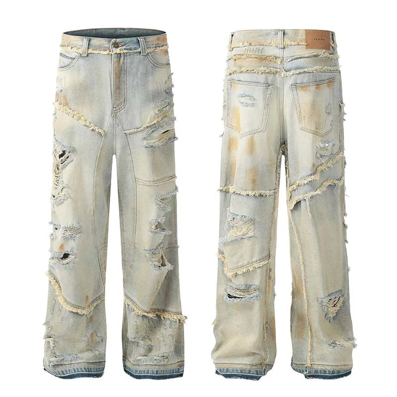 mens fashion ripped jeans blue straight baggy jeans trousers luxury loose casual distressed denim pants male stacked flare jeans