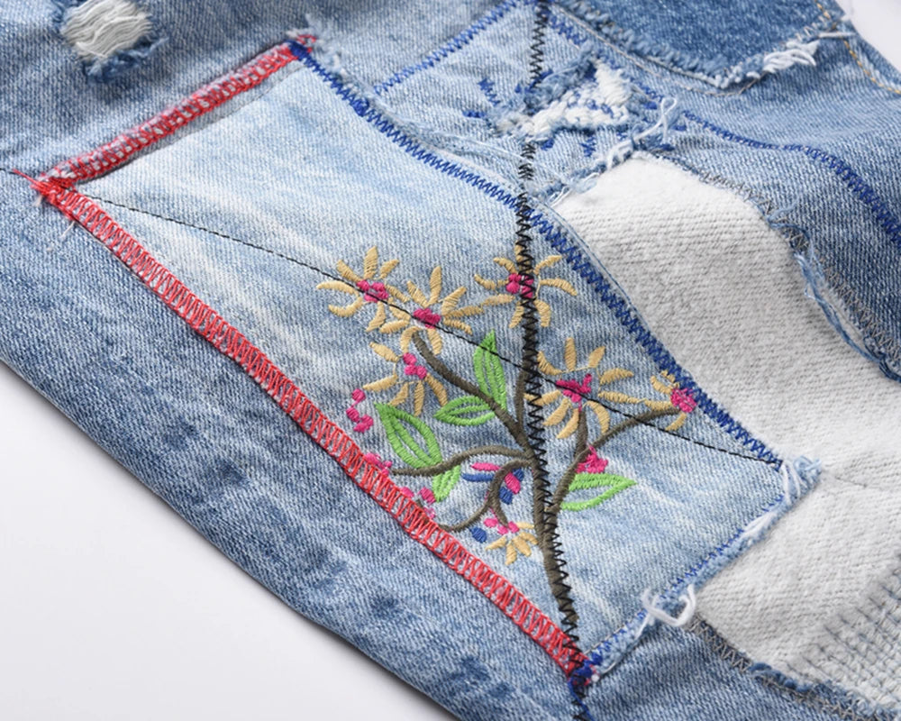 high street floral embroidery patchwork ripped blue jeans pants for male retro straight casual denim trousers oversized jean unique jeans style 1717