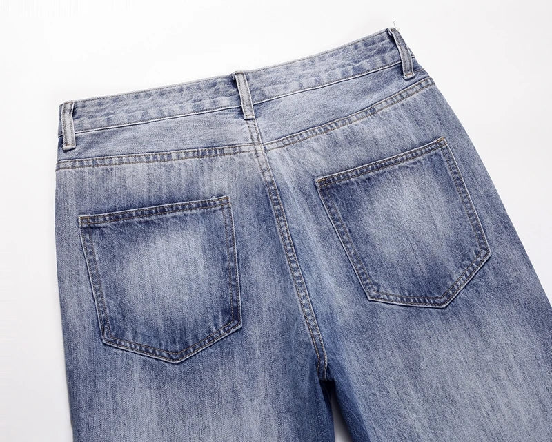 american vintage trendy deconstructed ruffled denim jeans mens flared distressed jeans pants high street straight jeans for male unique jeans style 791