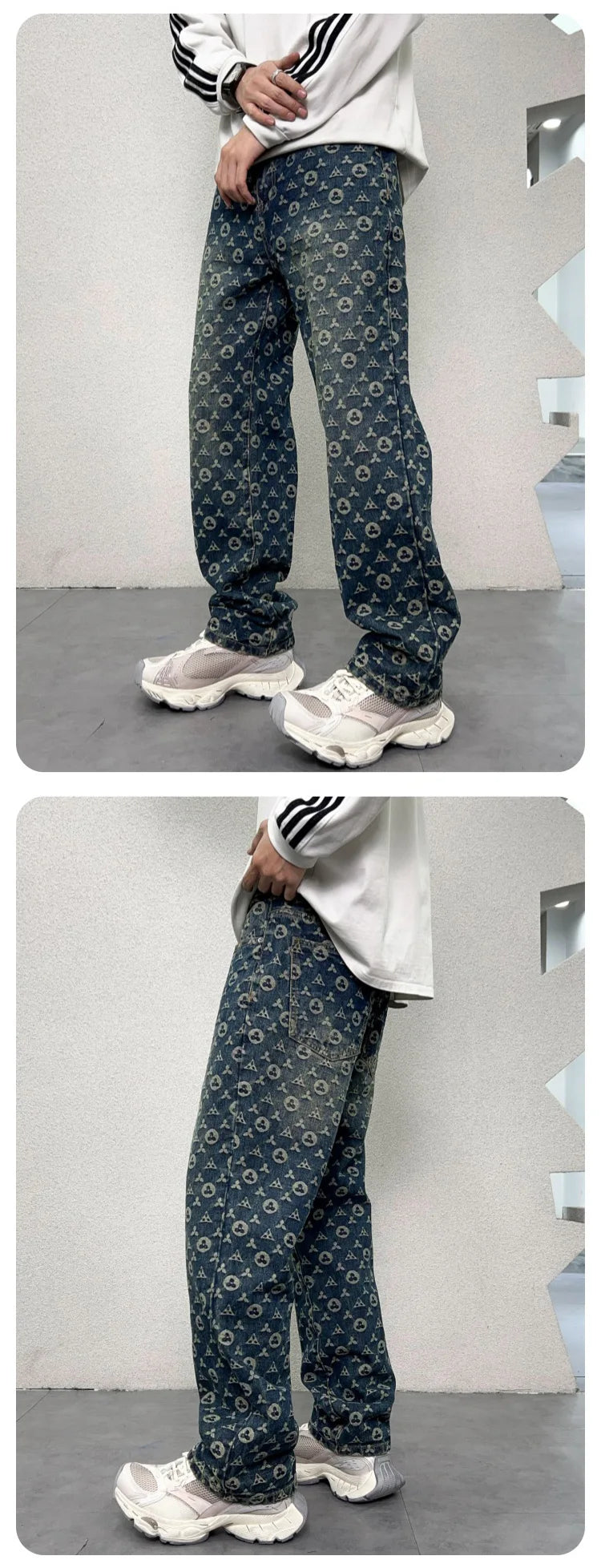 men jacquard streetwear hip hop vibe casual straight denim jeans pants boyfriend high street ripped jeans trousers unique jeans style 3115