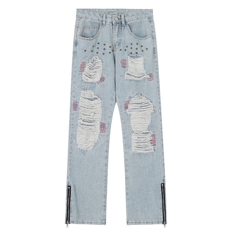destroy ripped holes patchwork denim jeans men unisex casual rivet bottom zipper trousers jeans streetwear hip hop pants joggers unique joggers style 3633