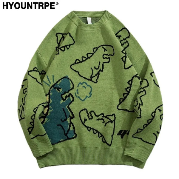 fashion knitted sweater autumn winter o neck dinosaur pattern pullover streetwear unisex casual loose sweaters jumper knitwears urban wear with bold artwork, high quality cotton pullover, streetwear fashion hoodie