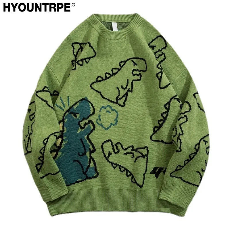 fashion knitted sweater autumn winter o neck dinosaur pattern pullover streetwear unisex casual loose sweaters jumper knitwears urban wear with bold artwork, high quality cotton pullover, streetwear fashion hoodie