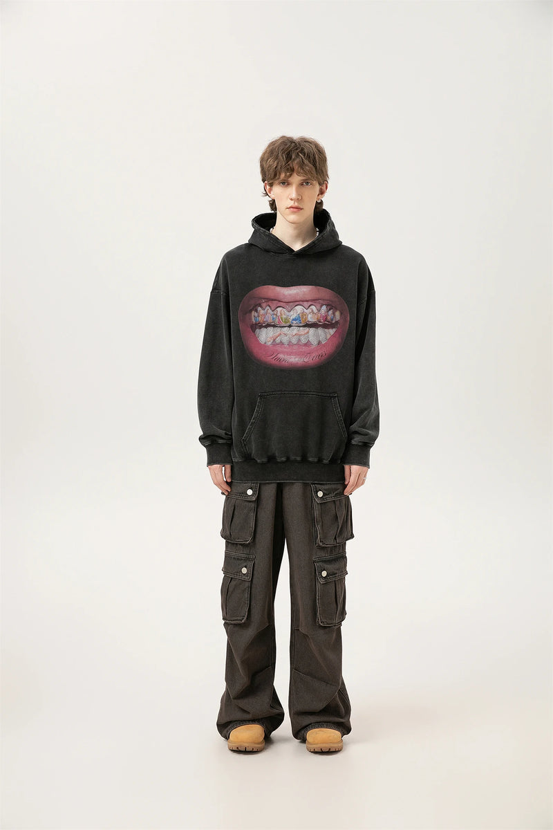 24ss Vintage SM Brand Fashion Washed Distressed stir fried salt high gram heavy vintage looped hoodie hooded sweatshirt