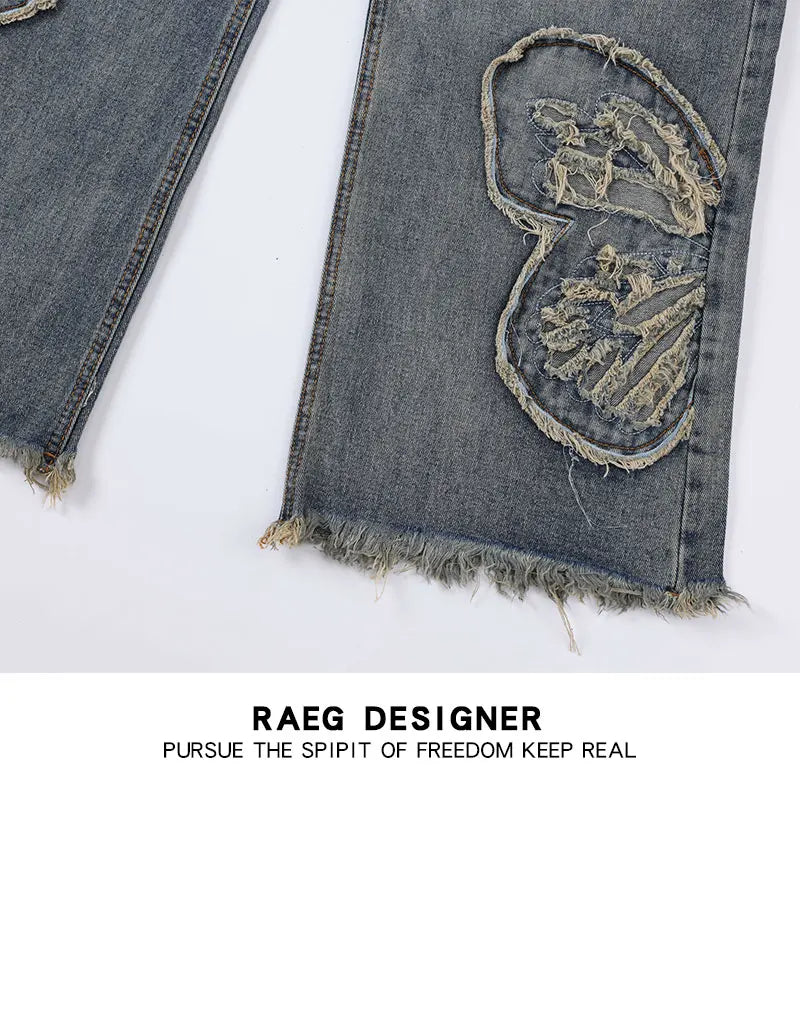 butterfly patches embroidered washed straight vintage baggy fitting jeans for men high street distressed jeans pants women unique jeans style 4483