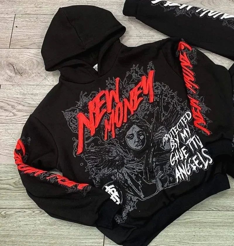 2024 Hoodie American Retro Dark Print Womens Fashion Harajuku Casual L