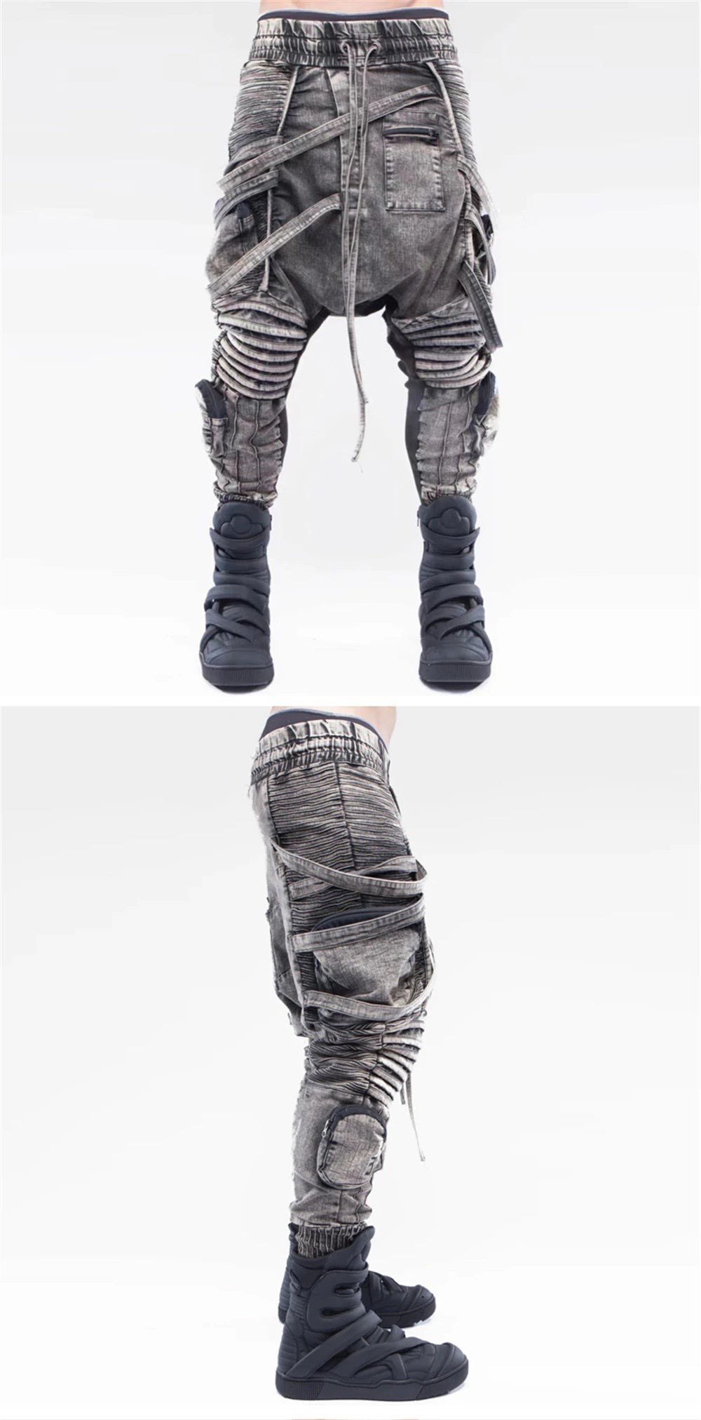 vintage motorcycle trousers joggers mens asymmetric straped pleated cross pants function elastic waist trousers unique joggers style 4600
