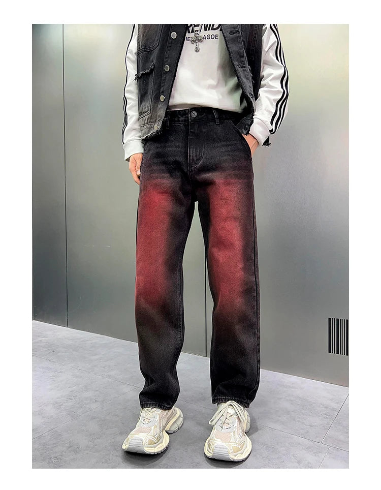 2024 spring autumn high street wide leg denim pants men render red loose straight jeans y2k fashion streetwear baggy trousers unique jeans style 4407