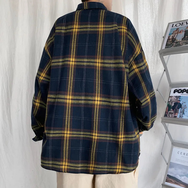 Long Sleeved Shirt Men Fashion Retro Plaid Shirt Men Streetwear Korean Loose Casual