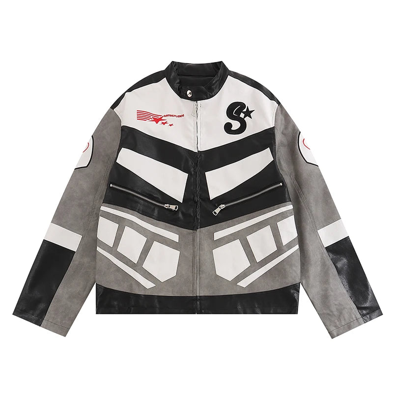 racing jackets fashion letter embroidery patchwork zipper jacket coats men hip hop pu lether outerwear casual streetwear gray - variant style 4df609 for streetwear fashion