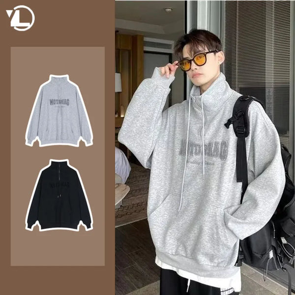Street Half Zip Hoodie Mens Spring New Vintage Letter Embroidery Loose