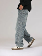 men brand fashion loose casual splice pocket jacquard vintage wide leg baggy jeans cityboy denim baggy jeans pants trousers unique jeans style 2970