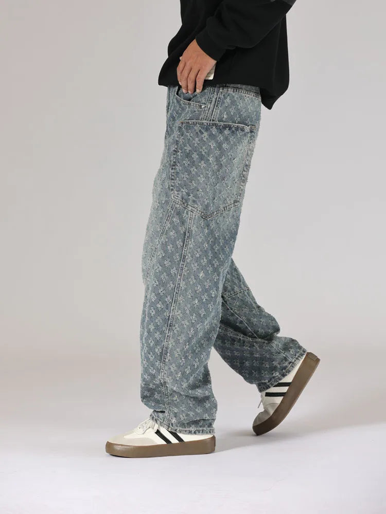 men brand fashion loose casual splice pocket jacquard vintage wide leg baggy jeans cityboy denim baggy jeans pants trousers unique jeans style 2970