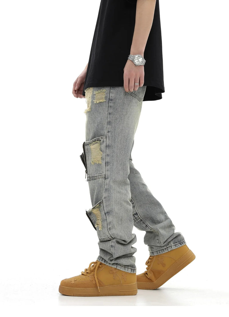 high street zipper open decoration biker jeans women ripped denim straight jean pant men motorcycle trouser unisex hip hop pants unique jeans style 3652