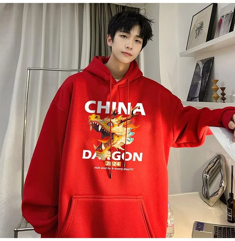 2024 New China Dragon Graphic Hoodies Men Hip Hop Streetwear Hoodie