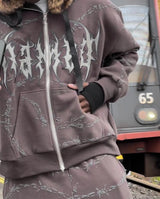 2024 European and American style loose men's zipper sweatshirt trend ins retro printed long-sleeved hooded jacket top