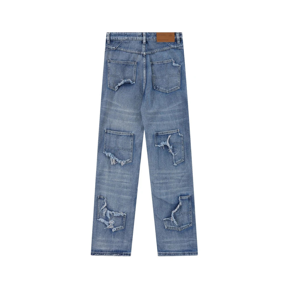 2024 ripped jeans high street straight trousers destroyed hole baggy denim pants vintage retro hip hop unique jeans style 407
