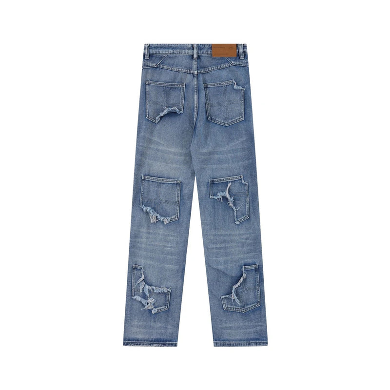 2024 ripped jeans high street straight trousers destroyed hole baggy denim pants vintage retro hip hop unique jeans style 407