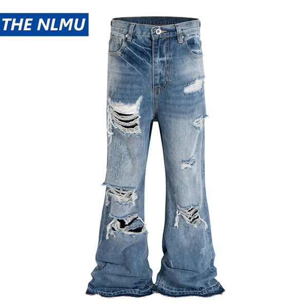 vintage ripped flared jeans blue straight baggy jeans trousers streetwear luxury loose casual distressed denim pants male urban skinny jeans