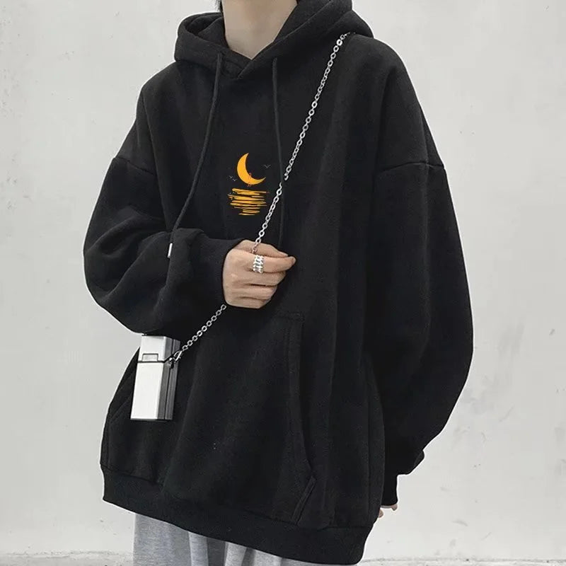 Cartoon Moon Graphic Hoodies Men Casual Hip Hop Streetwear Fleece