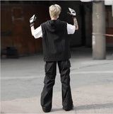 summer casual sleeveless set men hip hop loose hooded vest pockets straight leg cargo pants 2 piece outdoors sports camp suit unique cargo style 4413