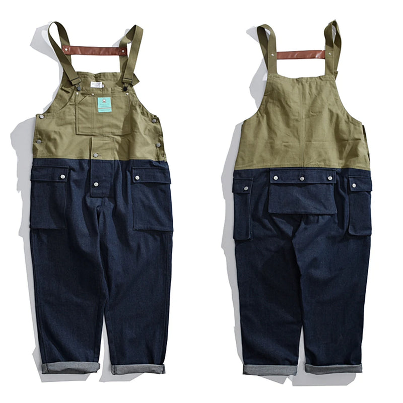 2023 summer cargo overalls pants men patchwork denim jumpsuits loose work pants solid color casual streetwear cargo trousers unique cargo style 4511