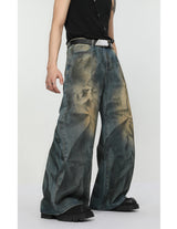 2 pieces sets mens fashion dirty graffiti wide shouder denim jeans jacket coat and wide legs pants joggers new streetwear sets unique joggers style 4583