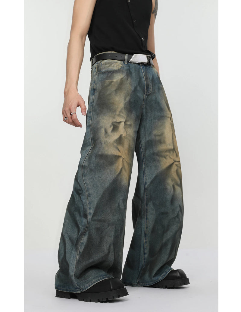 2 pieces sets mens fashion dirty graffiti wide shouder denim jeans jacket coat and wide legs pants joggers new streetwear sets unique joggers style 4583