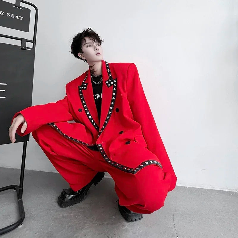 men streetwear fashion loose casual rivet hip hop party dress 2 piece suits blazers jacket pant sets stage clothing costume minimalist street pants