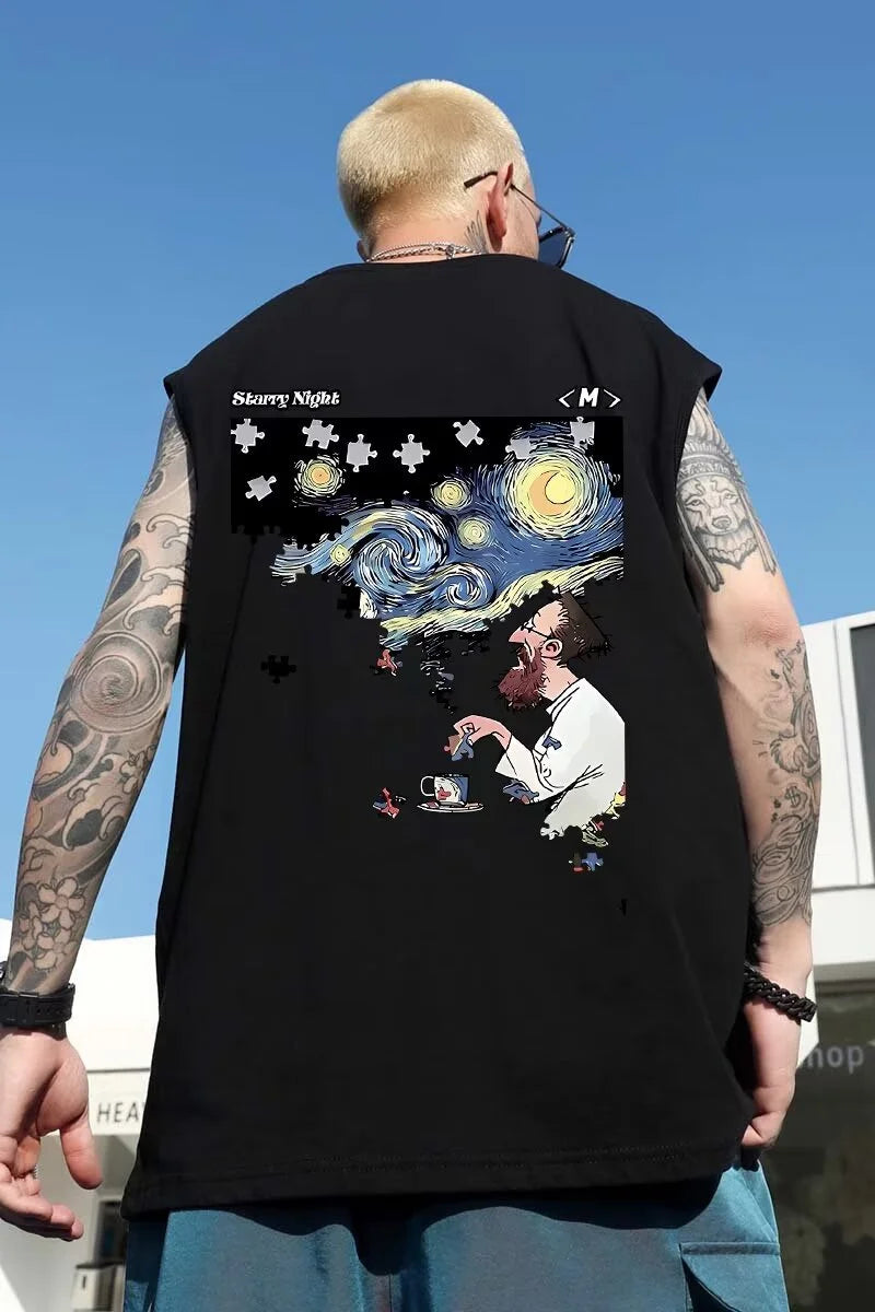 Glitchcore Graphic tee – Summer Mens Starry Night Puzzle Printed Tank Tops Hip Hop Fashion