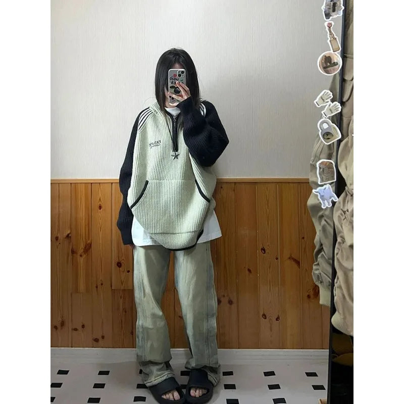 techwear street knit hoodie with oversized flame detail for urban fall winter outfits, street fashion menswear trend for seas