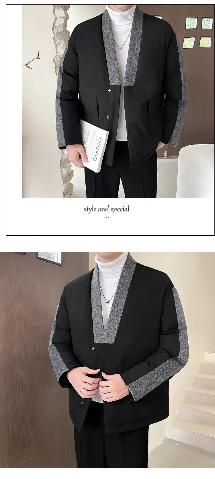 2024 Winter Collarless Cotton-padded Jacket Men Japanese Korean Fashion Loose Casual Thicken Warm Parkas Jacket Cityboy Coat