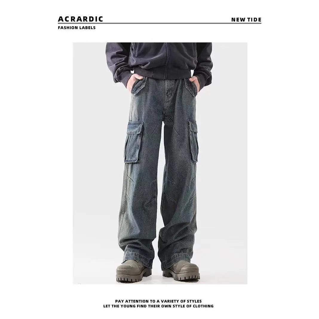 american spring and autumn street trendy personalized work clothes jeans for couples loose retro straight leg casual pants y2k ripped baggy denim