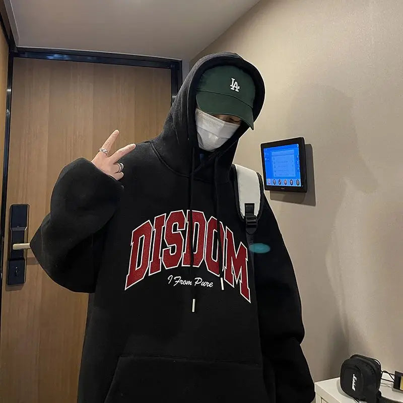 Gray Korean Style Hooded Sweatshirt Men Autumn Winter New American Trendy Brand Letter Printed Pullover Thickened Y2K Loose Top