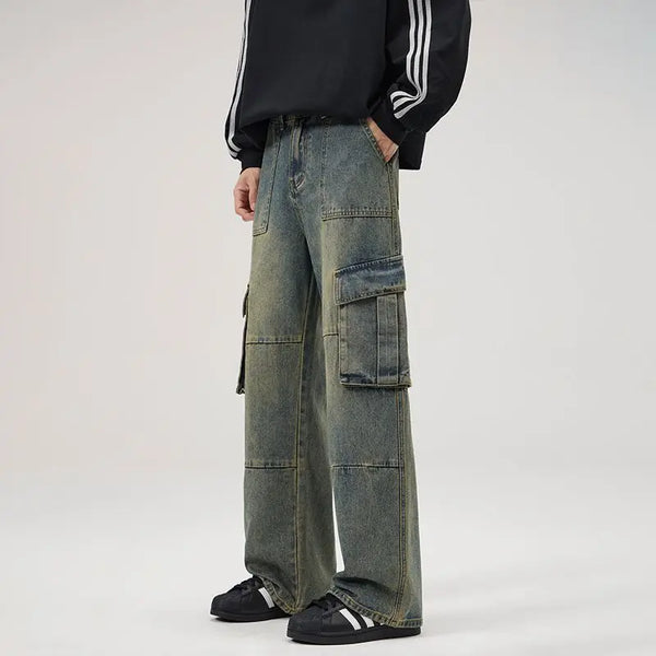 spring and autumn retro men and women trendy straight tube multi pocket work clothes jeans american couple loose casual pants ripped baggy denim