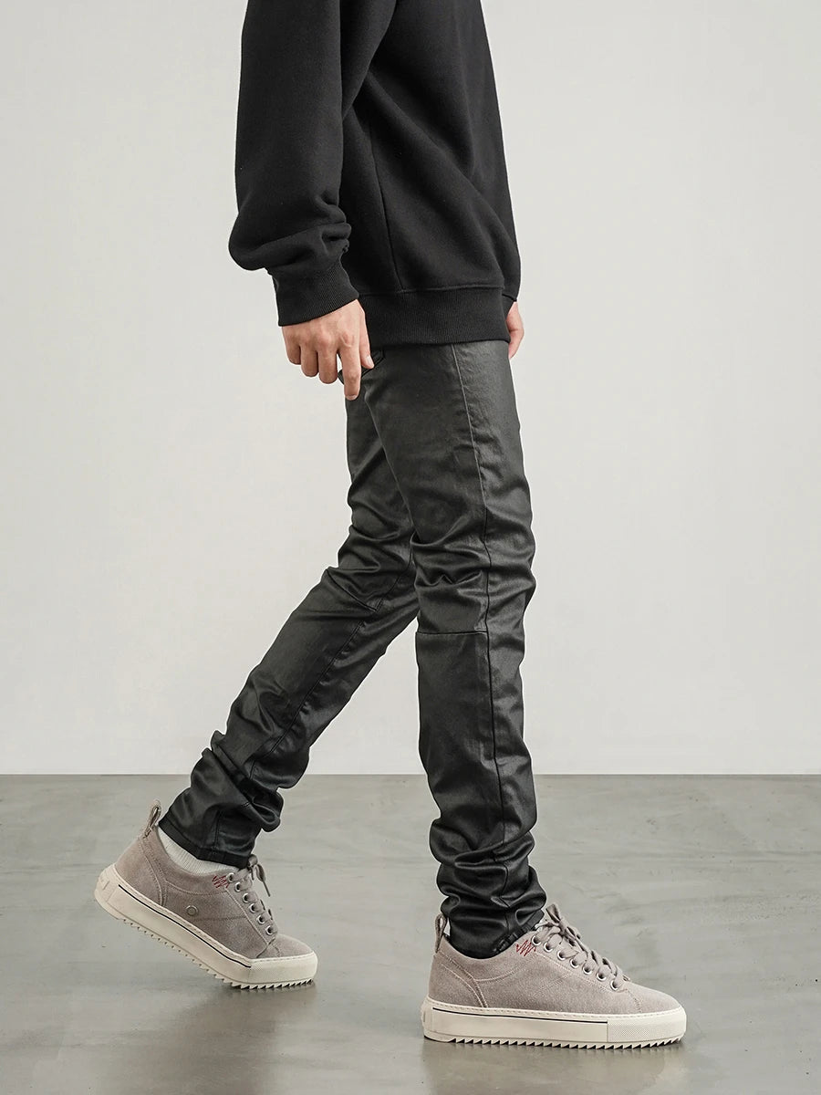 men pants high street wax coating pant casual streetwear hip hop zipper trousers harajuku fashion slim fit skinny pants joggers unique joggers style 2130