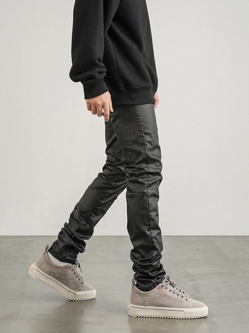 men pants high street wax coating pant casual streetwear hip hop zipper trousers harajuku fashion slim fit skinny pants joggers unique joggers style 2130