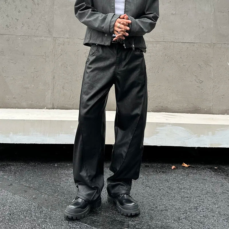 men streetwear fashion hip hop loose casual wide leg leather baggy motorcycle pant cityboy cargo pants trousers unique cargo style 2584